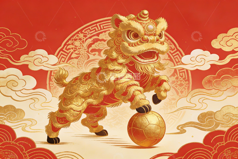 高清大图下载【趣麦麦图】金色舞狮踢足球创意插画