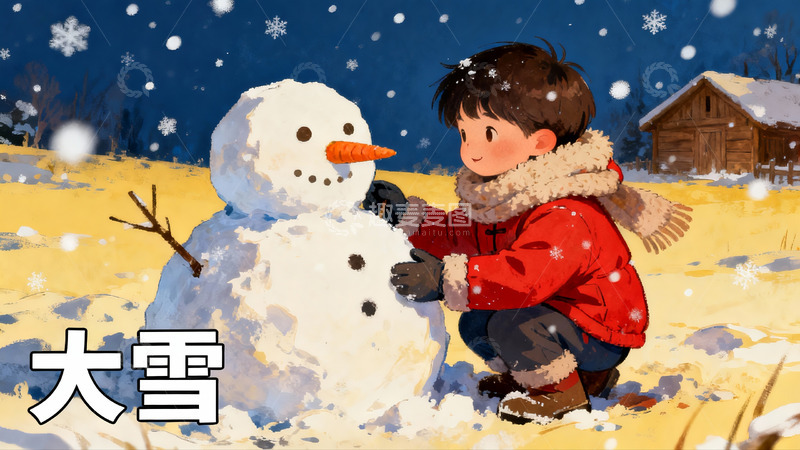 高清大图下载【趣麦麦图】雪地孩童堆雪人欢乐场景