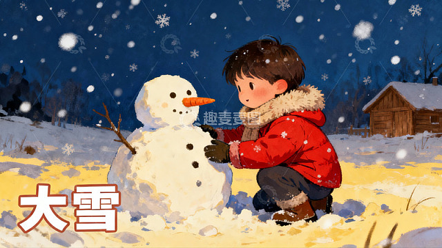 雪地孩童堆雪人欢乐场景
