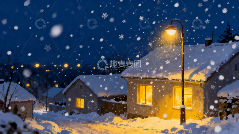 高清大图下载【趣麦麦图】雪夜灯火人家温馨场景