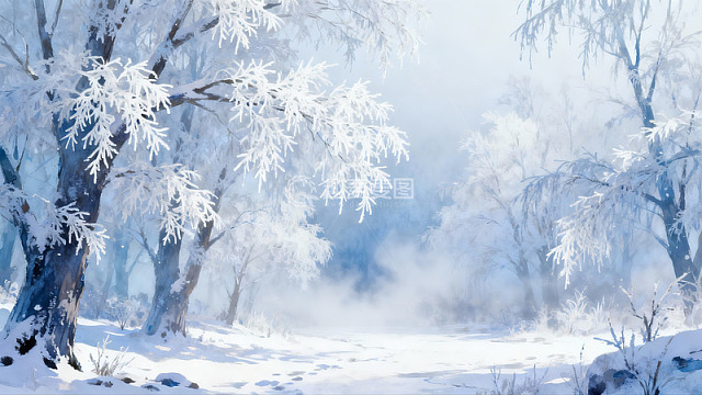 雪覆树枝雾气弥漫冬日森林