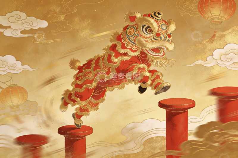 高清大图下载【趣麦麦图】舞狮跃柱迎新春