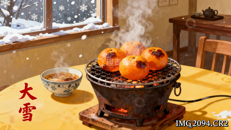 高清大图下载【趣麦麦图】冬日暖炉烤橘子