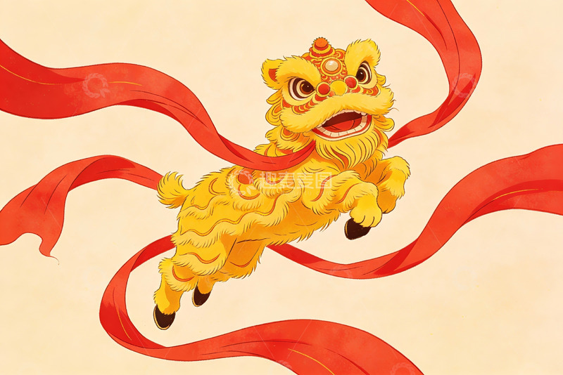 高清大图下载【趣麦麦图】金色舞狮飘带飞舞生动形象