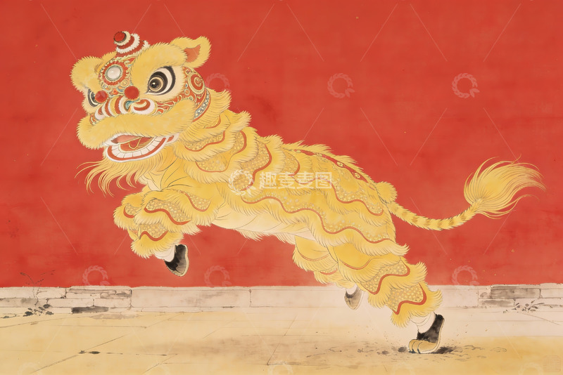 高清大图下载【趣麦麦图】红色背景下的金色舞狮图