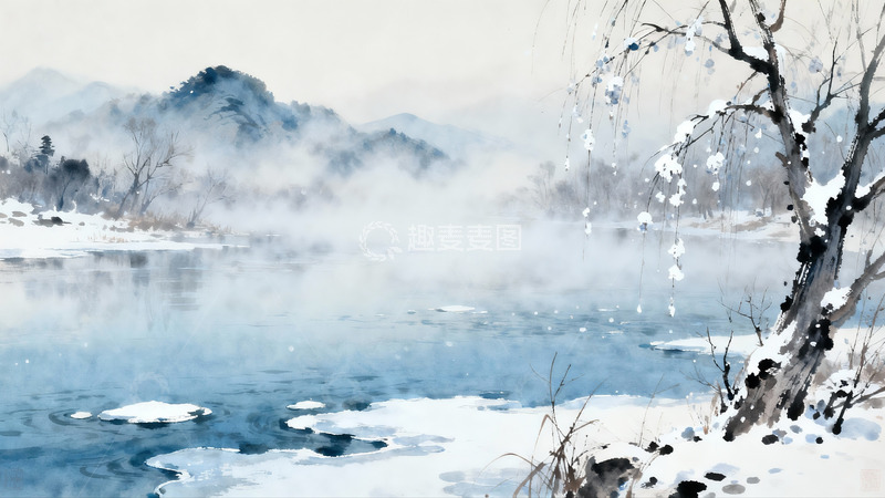 高清大图下载【趣麦麦图】水墨画风雪景山水图