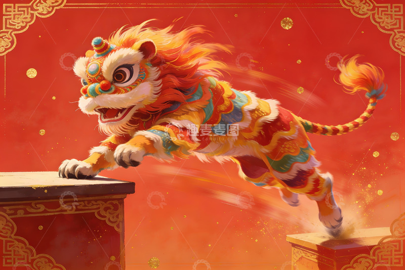 高清大图下载【趣麦麦图】色彩斑斓舞狮跃动瞬间