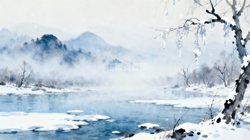 高清大图下载【趣麦麦图】雪景山水画冰挂树枝静谧冬日