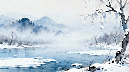 雪景山水画冰挂树枝静谧冬日