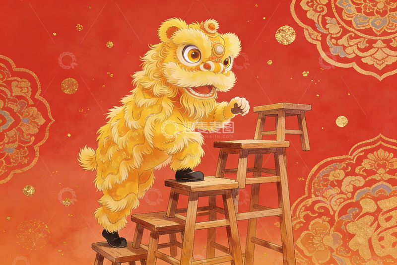 高清大图下载【趣麦麦图】金狮踩凳迎新春