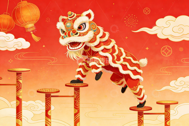 高清大图下载【趣麦麦图】红色背景舞狮表演