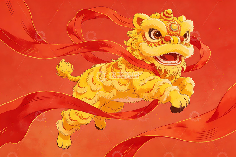 高清大图下载【趣麦麦图】金色舞狮跃动红色背景