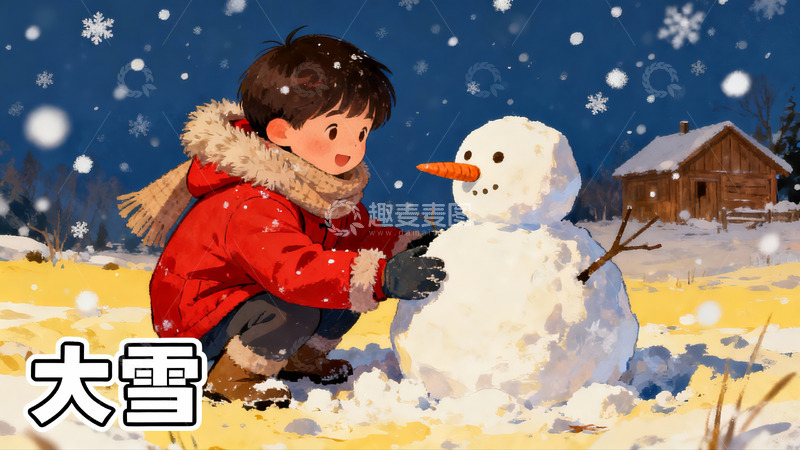 高清大图下载【趣麦麦图】雪地孩童堆雪人欢乐场景
