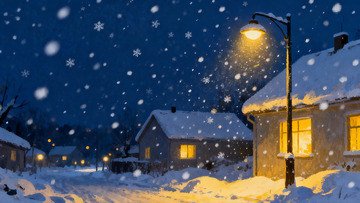雪夜街灯下的温馨小屋