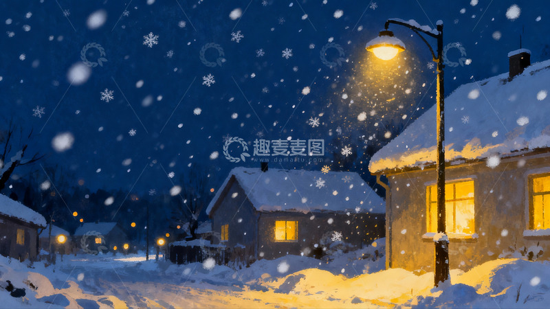 高清大图下载【趣麦麦图】雪夜街灯下的温馨小屋