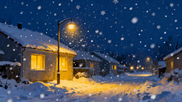 雪夜街景灯光温暖
