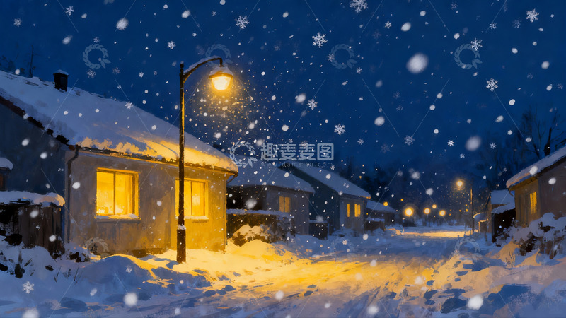高清大图下载【趣麦麦图】雪夜街景灯光温暖