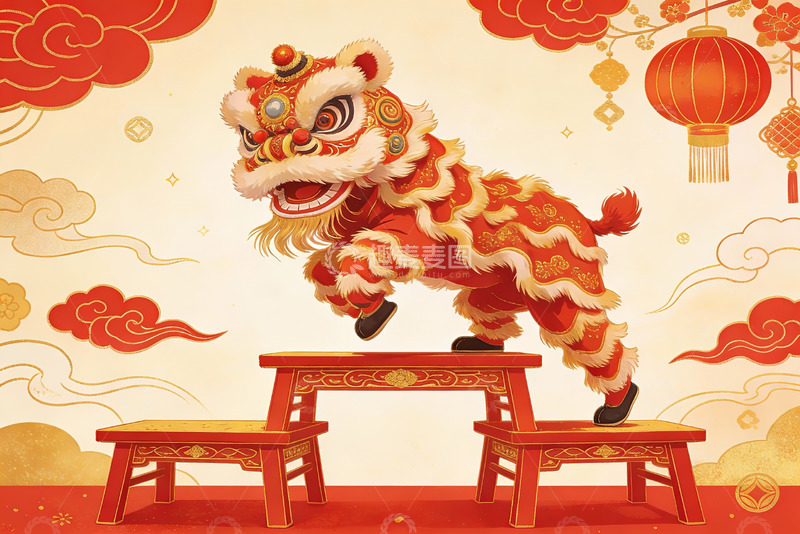 高清大图下载【趣麦麦图】舞狮表演跃上高凳
