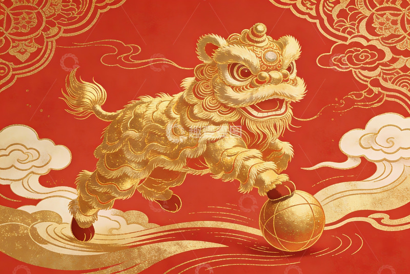 高清大图下载【趣麦麦图】金色舞狮红底祥云图