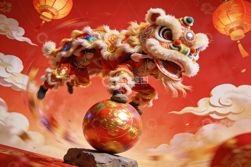 高清大图下载【趣麦麦图】舞狮表演狮子踩球