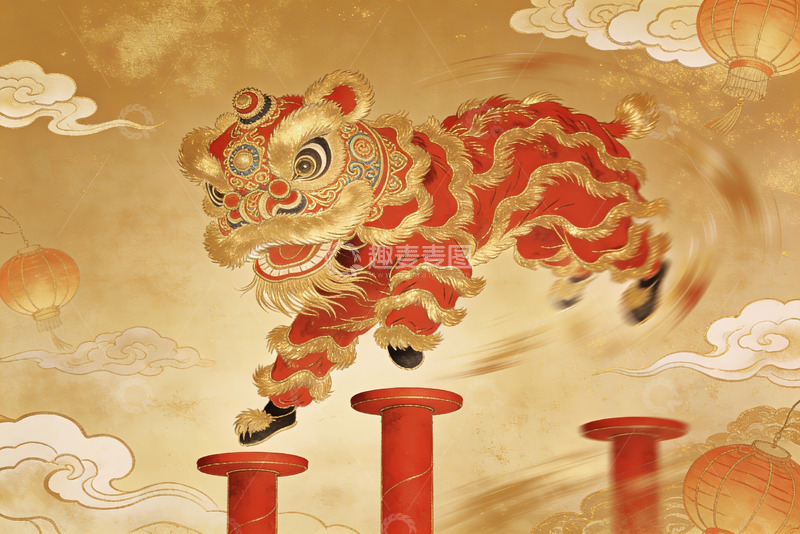 高清大图下载【趣麦麦图】舞狮表演跃上高柱
