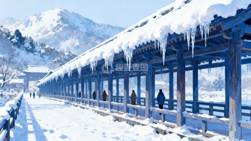高清大图下载【趣麦麦图】雪覆长廊行人漫步冬日美景