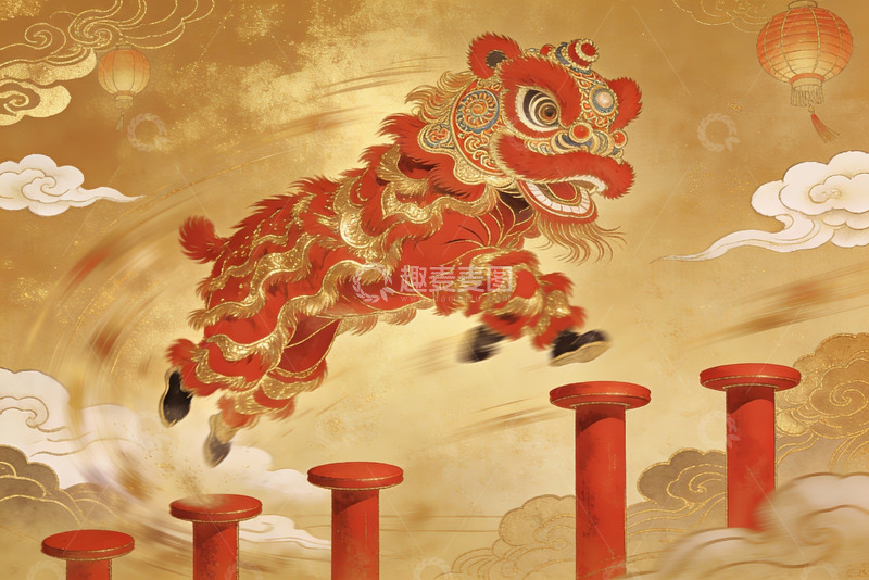 高清大图下载【趣麦麦图】红色舞狮跃过柱子庆祝节日