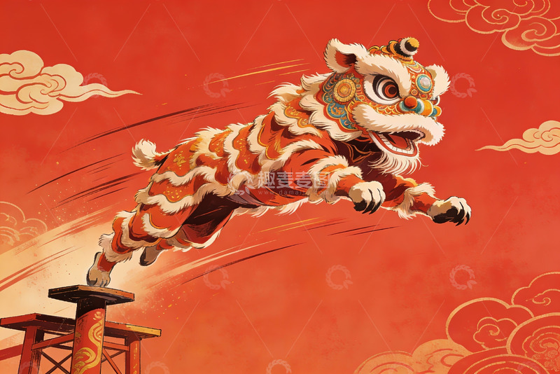 高清大图下载【趣麦麦图】舞狮跃凳迎新春