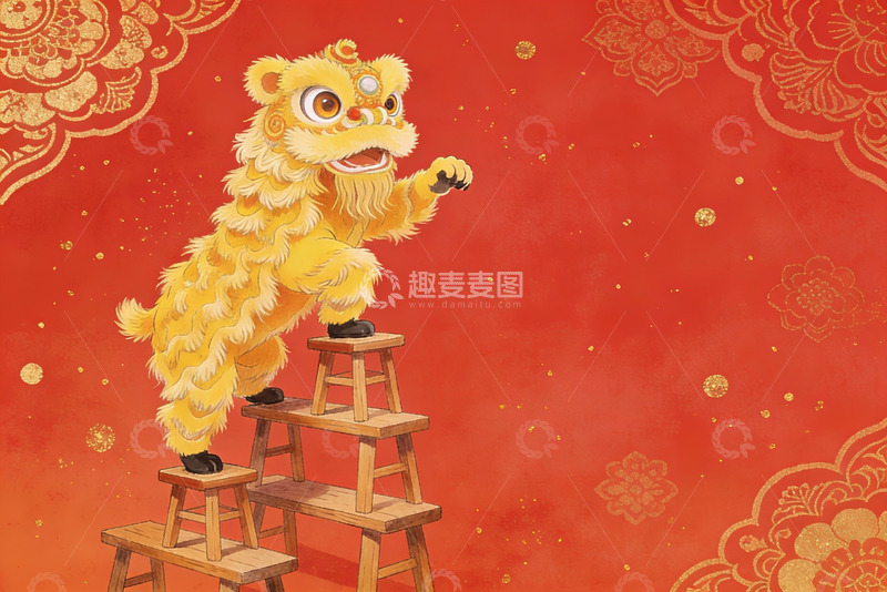 高清大图下载【趣麦麦图】舞狮登高迎新春