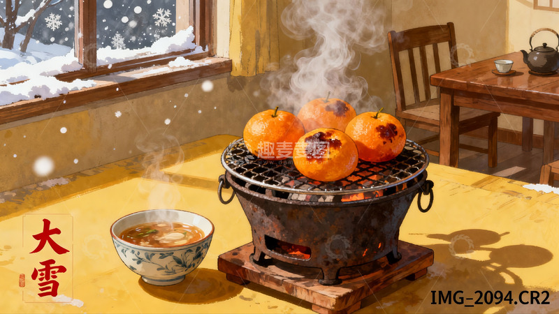 高清大图下载【趣麦麦图】雪夜烤橘子热汤