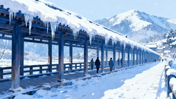 雪景长廊行人漫步