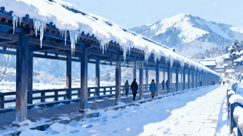 高清大图下载【趣麦麦图】雪景长廊行人漫步