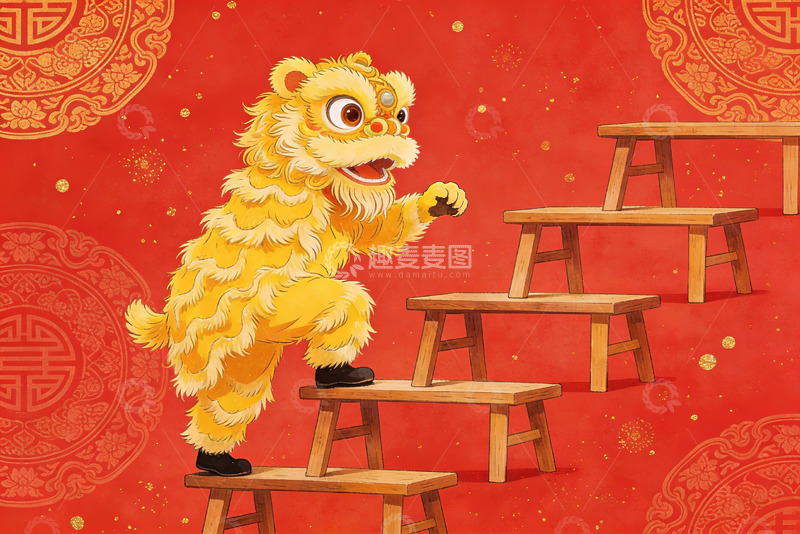 高清大图下载【趣麦麦图】舞狮登高迎新春