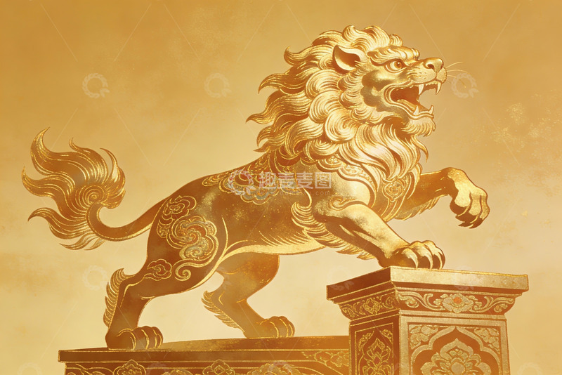高清大图下载【趣麦麦图】金色狮子雕像威严伫立