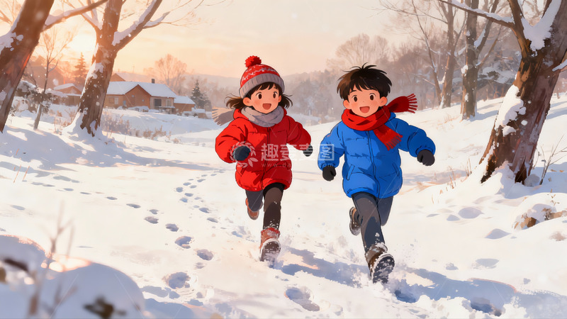 高清大图下载【趣麦麦图】雪地奔跑的快乐童年