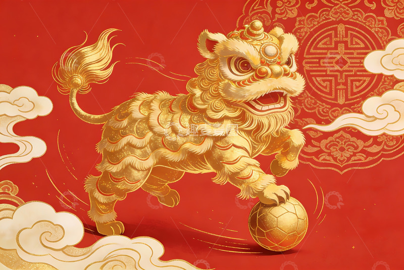 高清大图下载【趣麦麦图】金色舞狮踢球迎新春