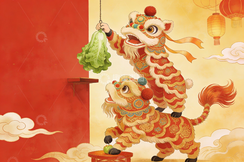 高清大图下载【趣麦麦图】舞狮采青传统节日场景