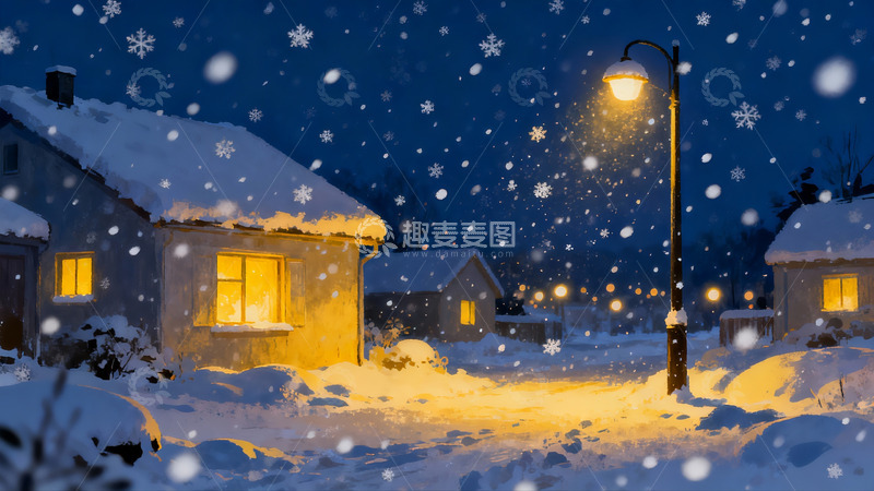 高清大图下载【趣麦麦图】雪夜灯火人家温馨场景