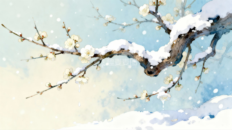 高清大图下载【趣麦麦图】雪覆梅花枝绽放