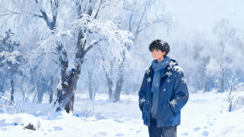 高清大图下载【趣麦麦图】雪景中蓝衣少年伫立