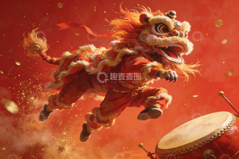 高清大图下载【趣麦麦图】舞狮表演跃动瞬间