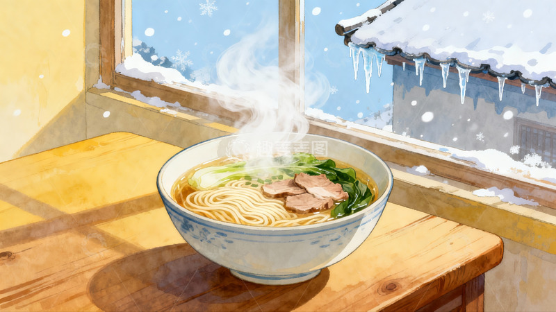 高清大图下载【趣麦麦图】冬日窗边热气腾腾的面条