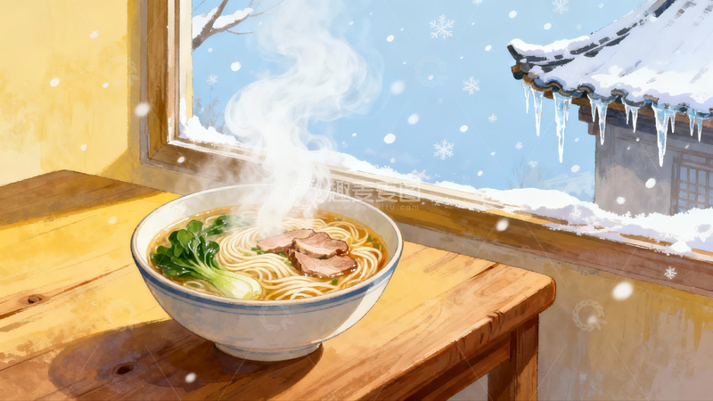 高清大图下载【趣麦麦图】冬日窗边热汤面