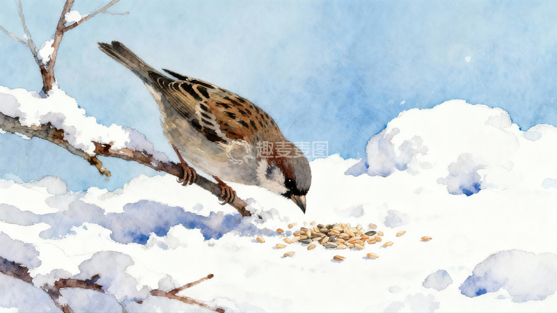 高清大图下载【趣麦麦图】雪地麻雀啄食籽粒