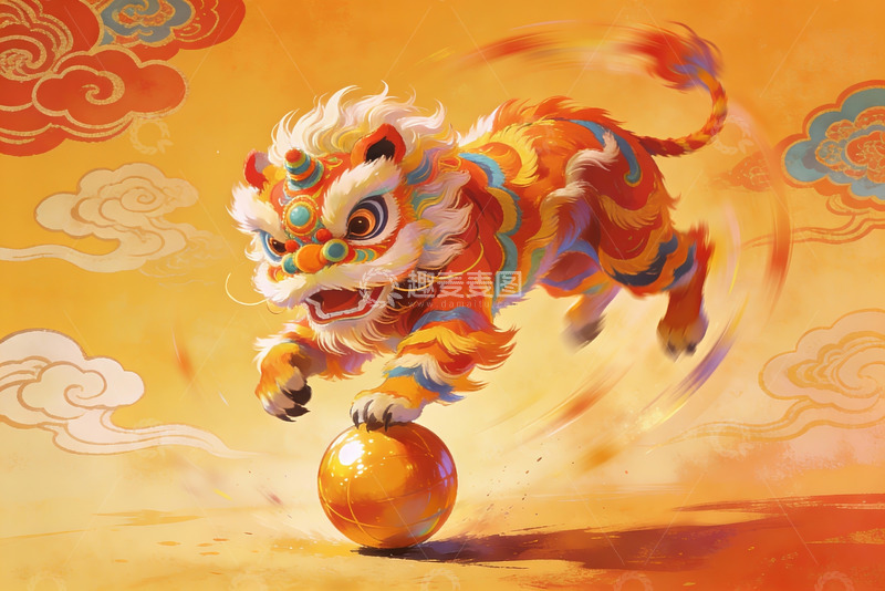 高清大图下载【趣麦麦图】色彩斑斓舞狮踩球迎新春
