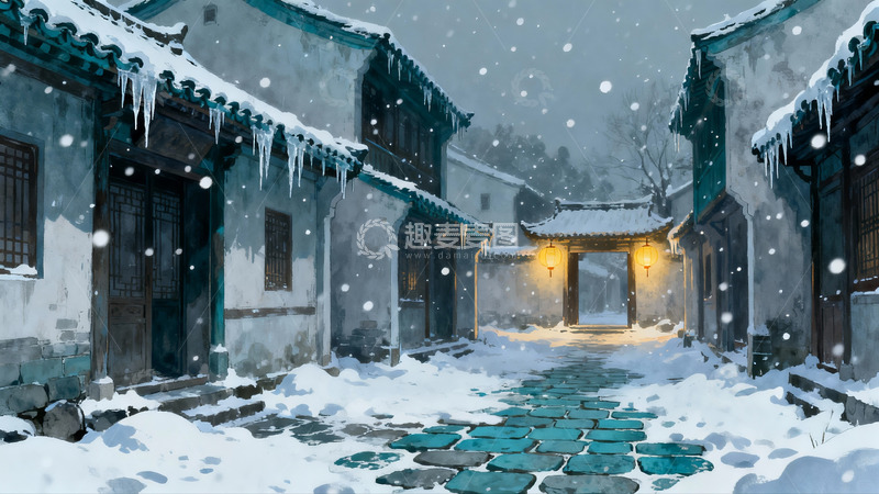 高清大图下载【趣麦麦图】雪夜古巷灯火阑珊