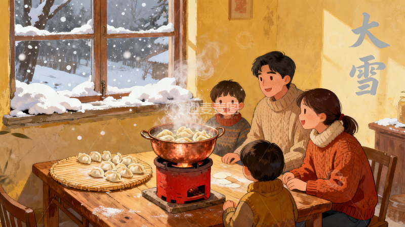 高清大图下载【趣麦麦图】冬日家庭包饺子温馨场景