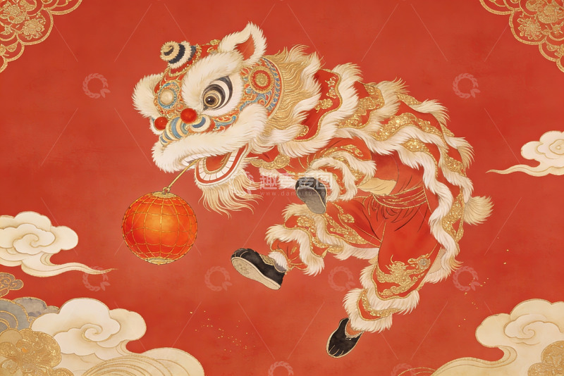 高清大图下载【趣麦麦图】红色背景舞狮图