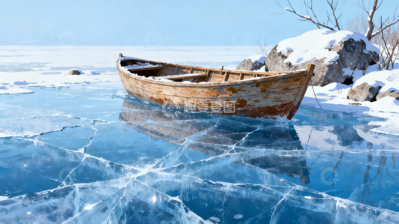 高清大图下载【趣麦麦图】冰封湖面木船静泊