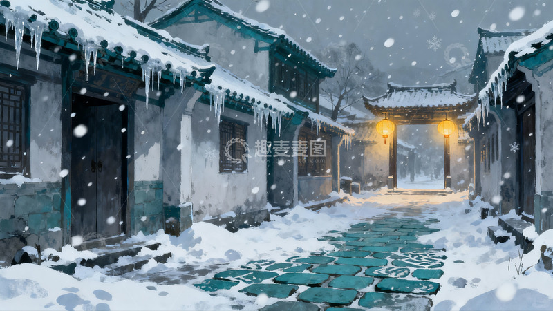 高清大图下载【趣麦麦图】雪落古巷灯火明